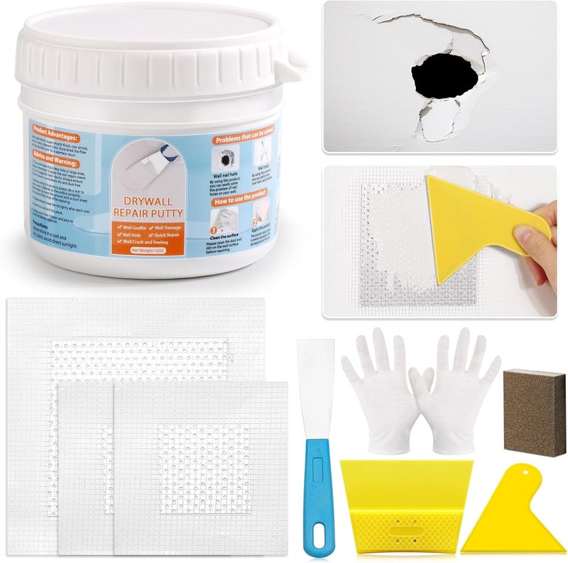 LifeisLuck Drywall Repair Kit, Wall Surface Hole Patch Repair Kits with 12OZ White Putty Hole Filler, Fix Wall Surface and Creak Damage with Scraper, Sanding Pad Fill Quick and Easy Solution - Image 1